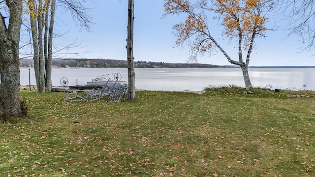 view of yard featuring a boat dock and a water view