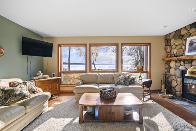 living area featuring baseboards, light wood-style floors, a healthy amount of sunlight, and a fireplace