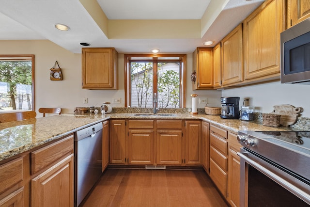 kitchen with a healthy amount of sunlight, light stone countertops, stainless steel appliances, and a sink