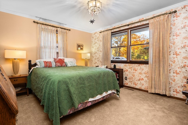 bedroom with wallpapered walls, baseboards, ornamental molding, carpet flooring, and an inviting chandelier