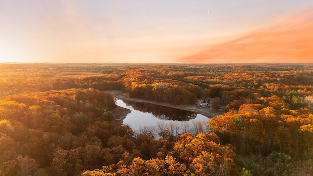 aerial view at dusk featuring a forest view and a water view