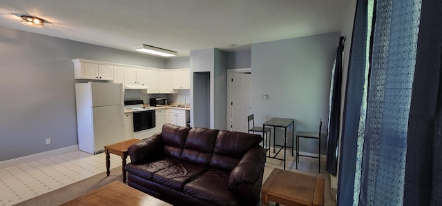 living room with baseboards and a textured ceiling