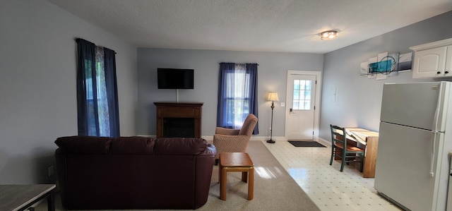 living area with a textured ceiling and baseboards