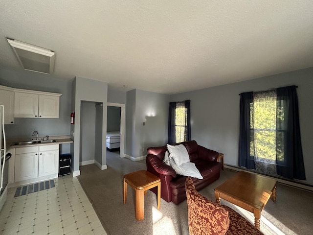 living area with a baseboard heating unit, light floors, baseboards, and a textured ceiling