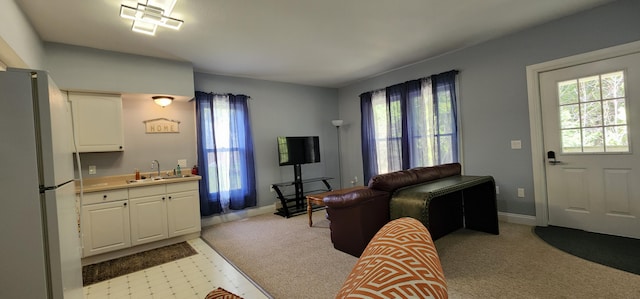 living area featuring a wealth of natural light, light floors, and baseboards