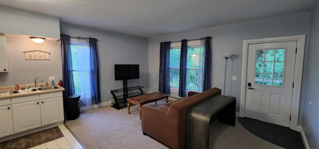 living room with light colored carpet and baseboards