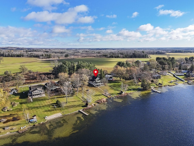 aerial view featuring a water view and a rural view