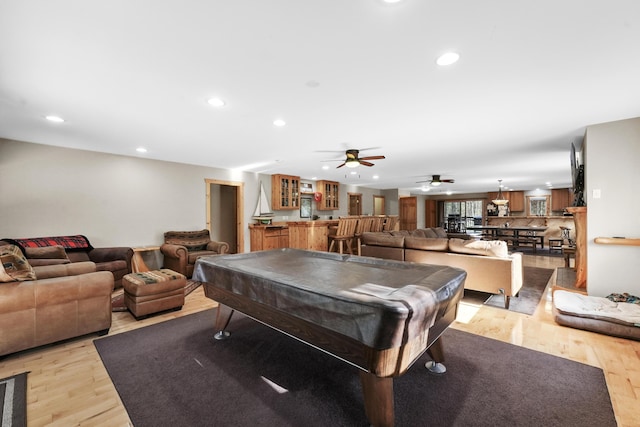 recreation room featuring recessed lighting, light wood-type flooring, ceiling fan, and billiards