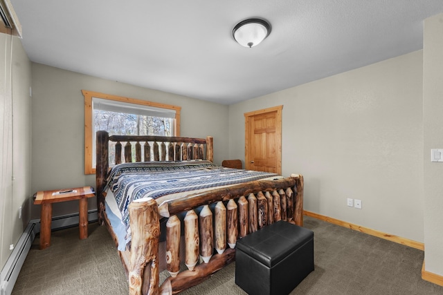 bedroom featuring a baseboard radiator, baseboards, and carpet floors