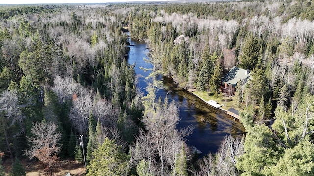 drone / aerial view featuring a forest view and a water view