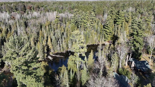 birds eye view of property featuring a wooded view and a water view