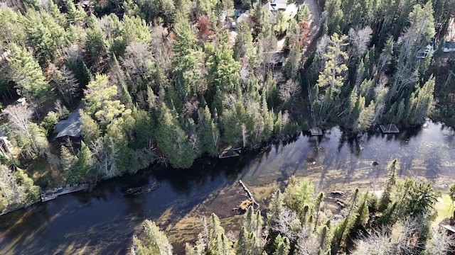 bird's eye view featuring a view of trees and a water view