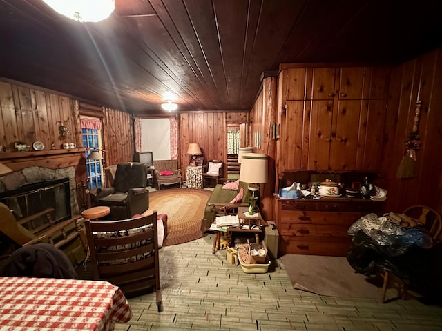 interior space with a stone fireplace, wooden ceiling, and wood walls