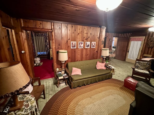 living area with wooden walls and wooden ceiling