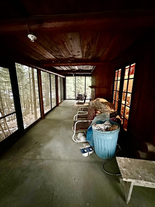 sunroom with wood ceiling