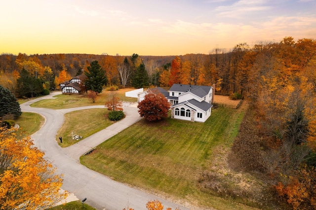 aerial view at dusk with a wooded view