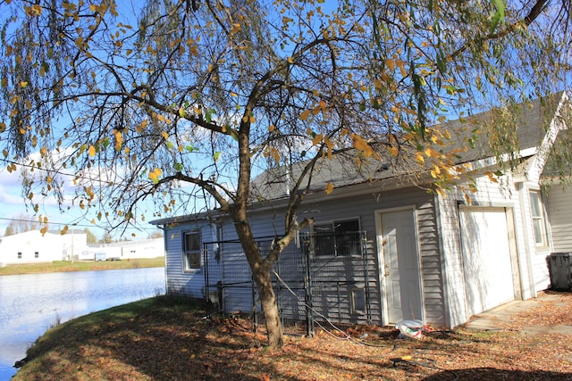 garage with a water view