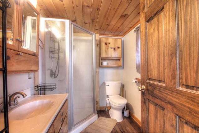 full bathroom featuring toilet, a stall shower, wood finished floors, wooden ceiling, and baseboards