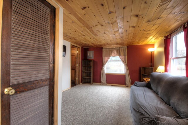 unfurnished room with baseboards, a healthy amount of sunlight, wood ceiling, and carpet