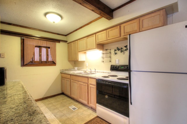 kitchen with light brown cabinets, beamed ceiling, light countertops, white appliances, and a sink