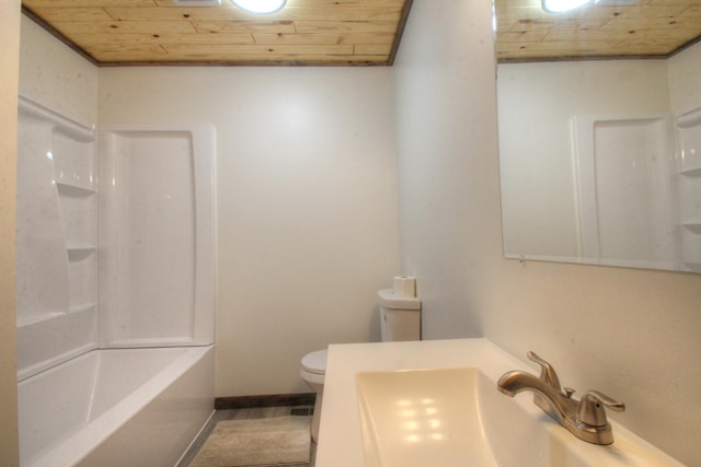 bathroom with vanity, wooden ceiling, toilet, and baseboards