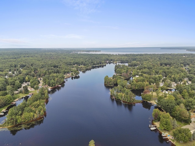 birds eye view of property featuring a forest view and a water view