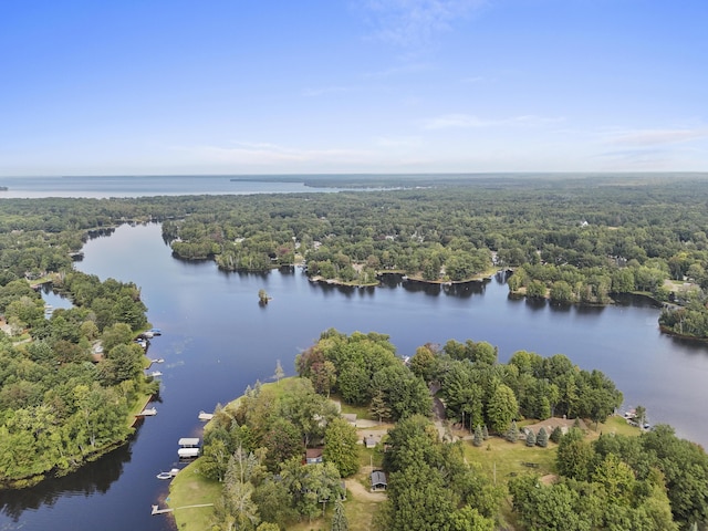 bird's eye view featuring a wooded view and a water view