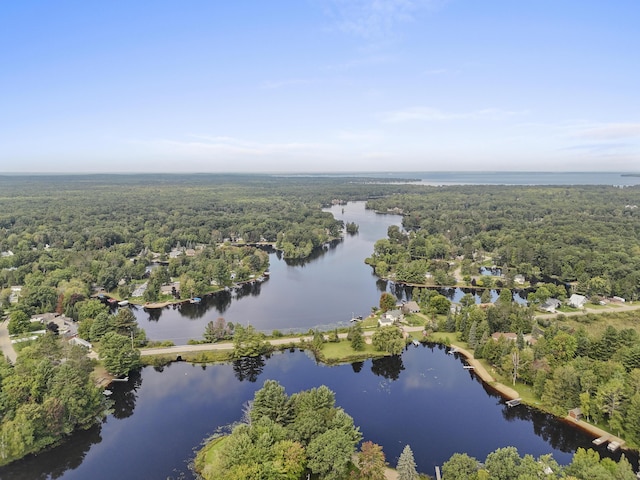 drone / aerial view featuring a wooded view and a water view