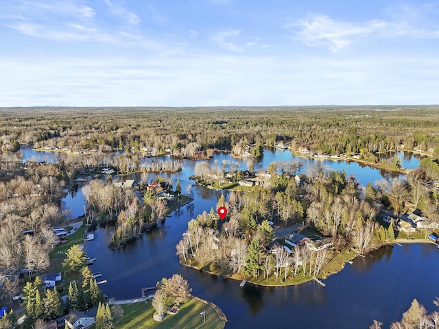 drone / aerial view with a wooded view and a water view