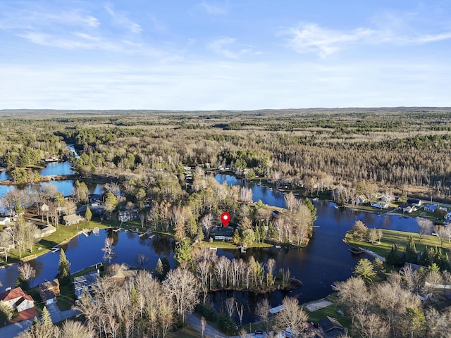 aerial view featuring a view of trees and a water view