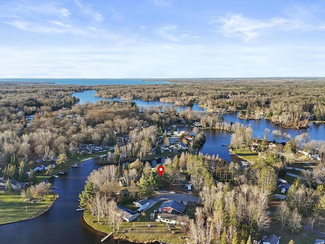 drone / aerial view featuring a water view and a view of trees