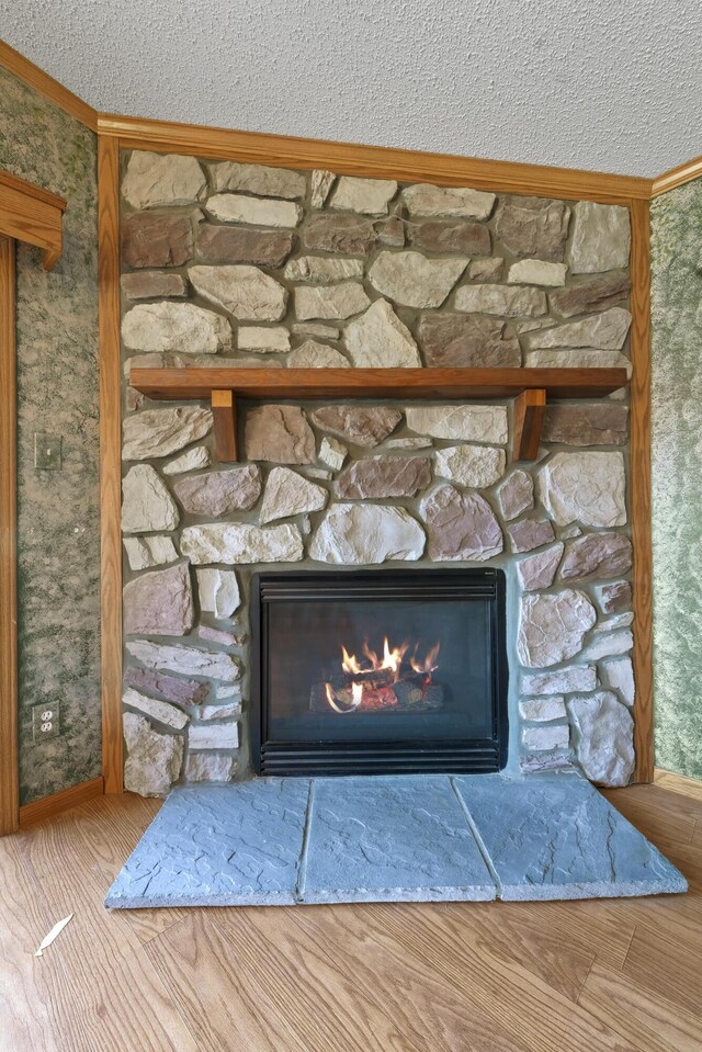 room details featuring a stone fireplace and wood finished floors