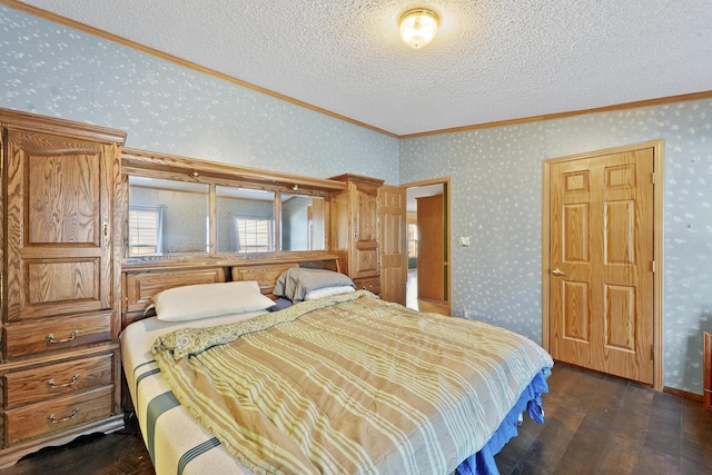 bedroom featuring dark wood-style floors, wallpapered walls, and ornamental molding