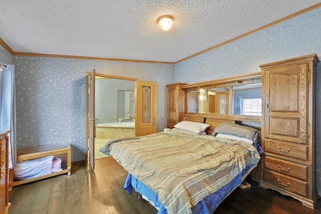 bedroom featuring a textured ceiling, ensuite bath, hardwood / wood-style floors, crown molding, and wallpapered walls