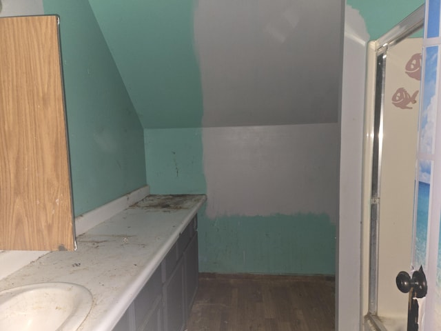 bathroom with vaulted ceiling, wood finished floors, and a sink