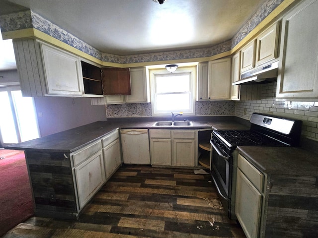 kitchen featuring stainless steel gas range oven, under cabinet range hood, dishwasher, a peninsula, and a sink