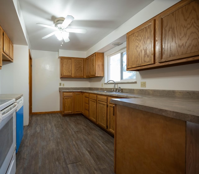 kitchen featuring dark wood-style floors, brown cabinets, white electric range, and a sink