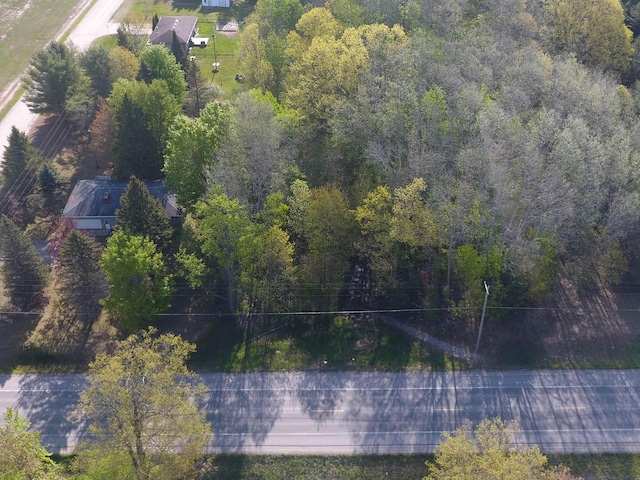 bird's eye view with a wooded view