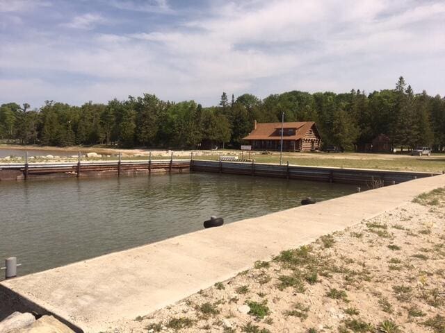 view of dock with a wooded view and a water view