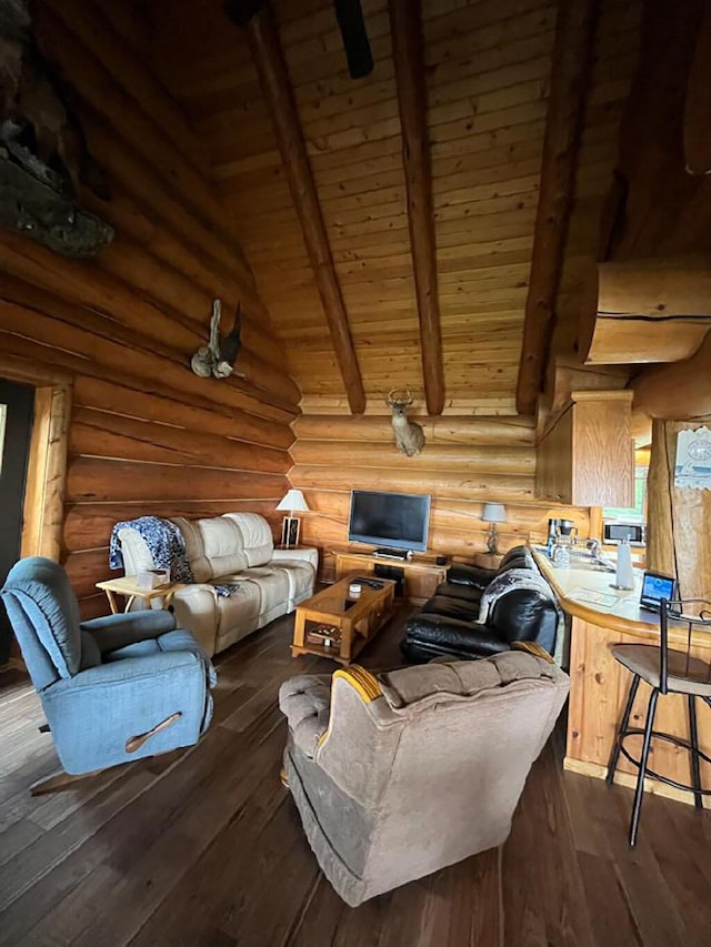 interior space featuring hardwood / wood-style flooring, beamed ceiling, wood ceiling, and high vaulted ceiling