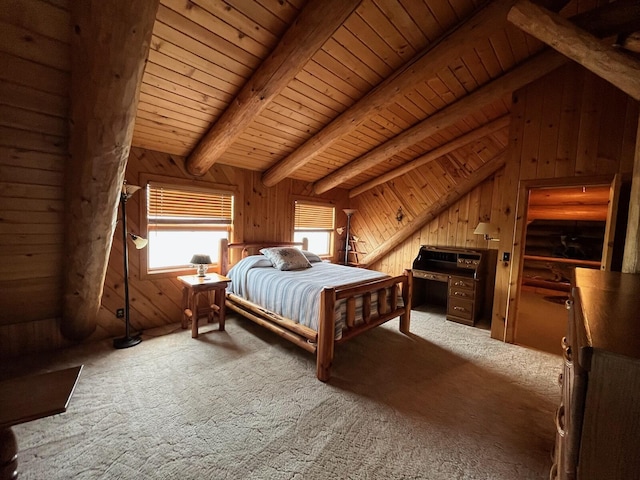 bedroom featuring lofted ceiling with beams, wooden ceiling, wood walls, and carpet flooring