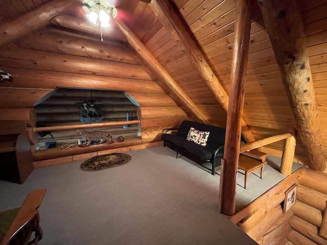 additional living space featuring wooden ceiling, beamed ceiling, and carpet floors