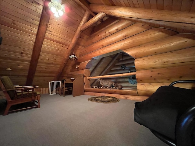 living area featuring wooden ceiling, lofted ceiling with beams, carpet floors, and log walls