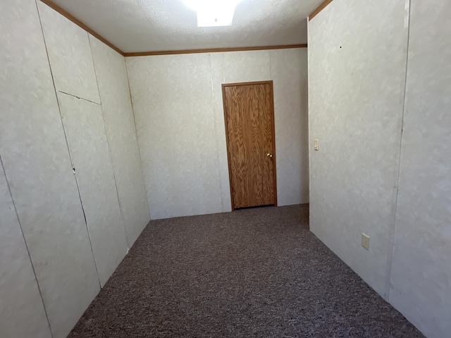 spare room featuring crown molding, carpet floors, and a textured ceiling