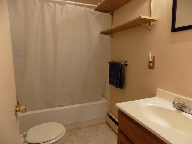 full bath with a baseboard heating unit, toilet, shower / tub combo, tile patterned floors, and vanity