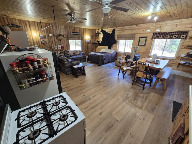 interior space with wooden ceiling, light wood-style flooring, gas range gas stove, and wood walls