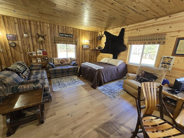 bedroom featuring hardwood / wood-style floors, wood ceiling, and wood walls