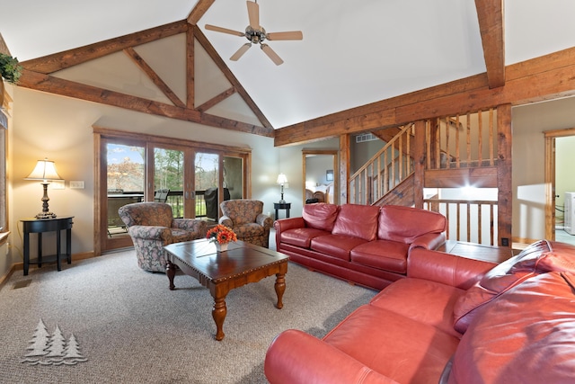 carpeted living room with stairway, a ceiling fan, visible vents, high vaulted ceiling, and beamed ceiling