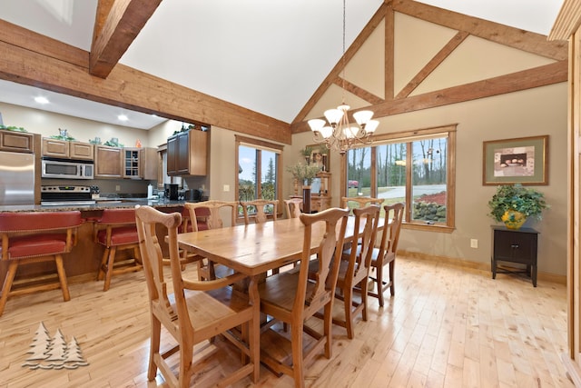 dining room featuring an inviting chandelier, beam ceiling, light wood-style flooring, and plenty of natural light