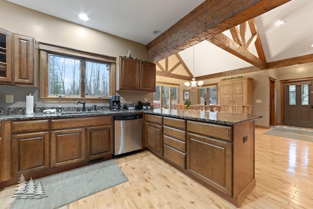 kitchen with lofted ceiling with beams, a peninsula, stainless steel dishwasher, light wood-style floors, and a sink